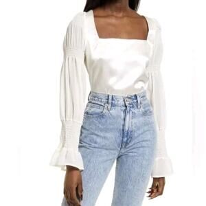 Lulu's Streak Ivory White Satin Square Neck Tie Back Long Sleeve Top Size S